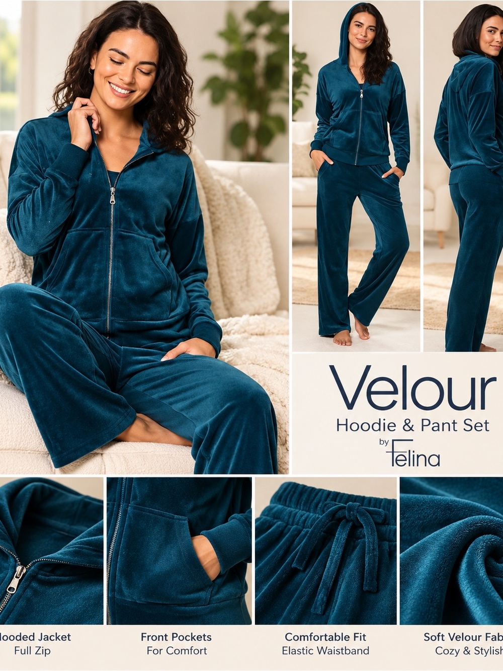 Velour Hoodie & Pant Set - Teal